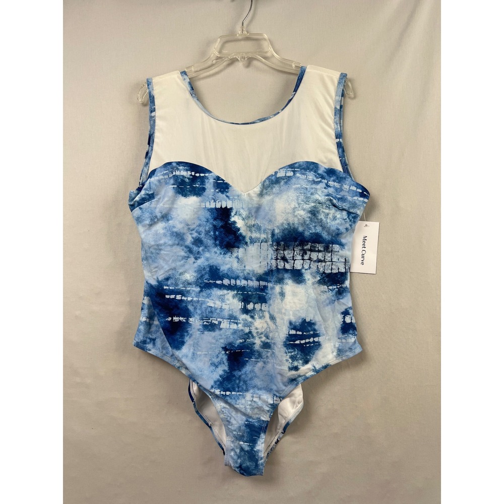 Meet Curve One Piece Swimsuit Women 3XL Blue New Tie Dye Mesh Strappy Back 18018